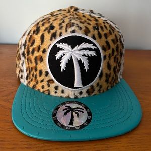NWOT BLVD Supply Leopard Print Turquoise Leather Flatbill Strapback Palm Tree